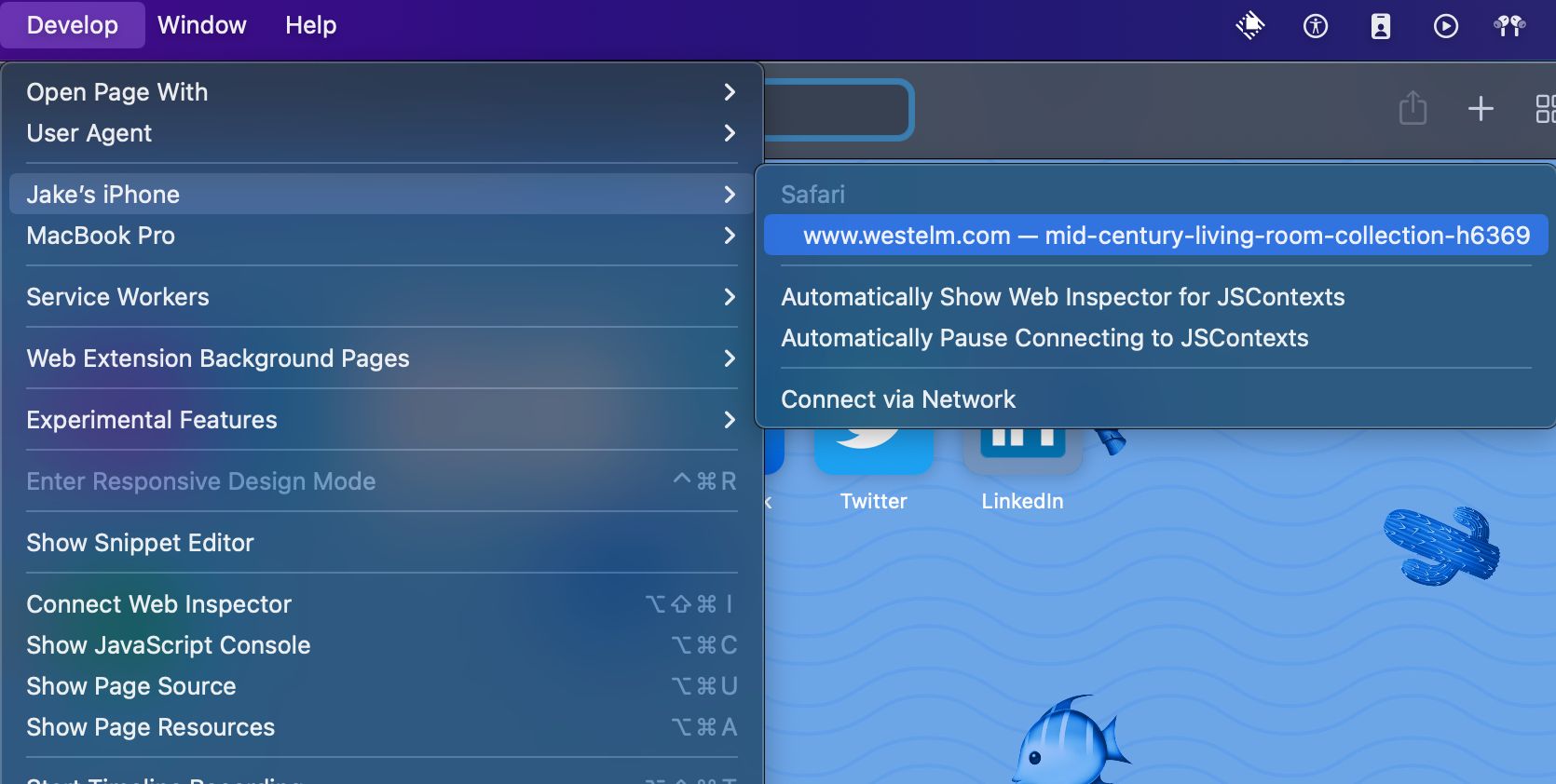 A screenshot of the Safari Develop menu showing a connect mobile device available in Dev Tools